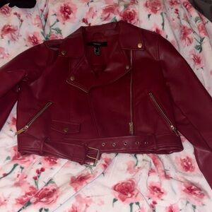 Forever 21 Burgundy Faux Leather Moto Jacket with Gold Hardware